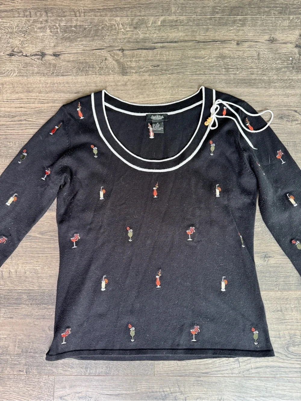 Peck & Peck Black Scoop Neck Sweater with Cocktail Embroidery